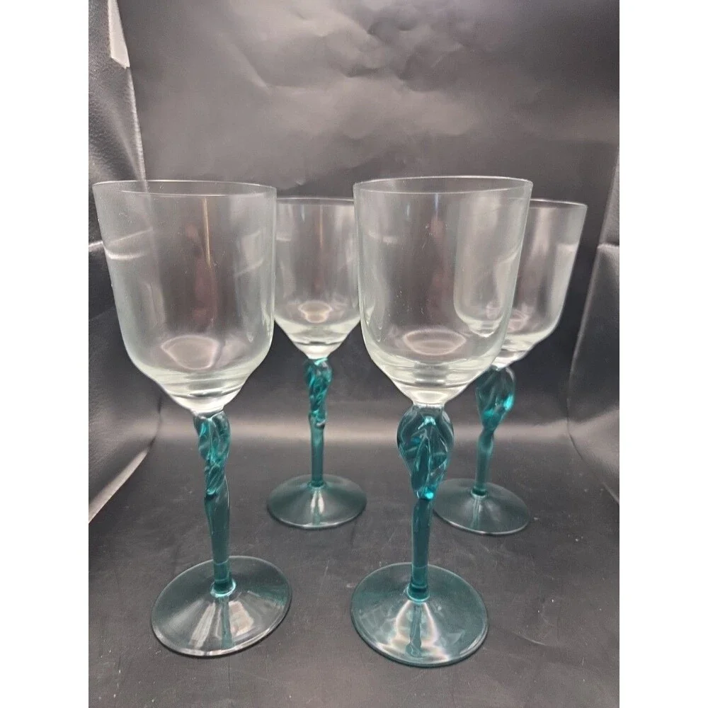 Green Stem Wine Glass Set of 4 Twist Stem Blown Glass